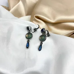 Baroque Blue Water Drop Retro Clip on Earrings Women Simple Vintage Temperament Resin Glass Geometric Clip Earrings No Piercing