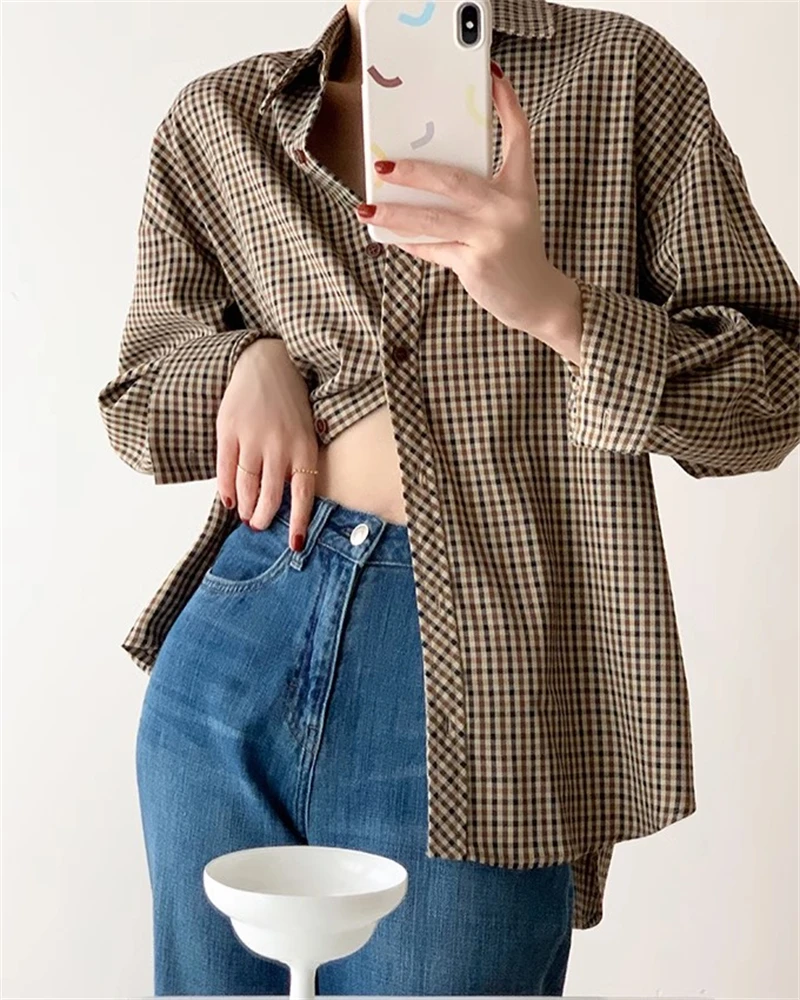 Plaid Shirts Women Casual Turn Down Collar Retro Shirt Elegant Office Lady Korean Style Long Sleeve Blouse Classic Femme Clothes