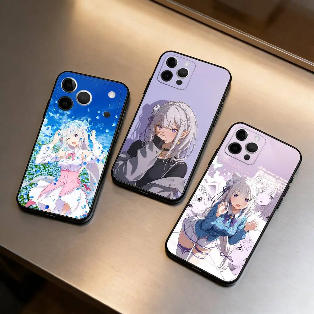Re Zero Emilia-A Anime Phone Case For iPhone 17,16,15,14,13,12,11 Plus,Pro Max,Soft Silicone Black Cover