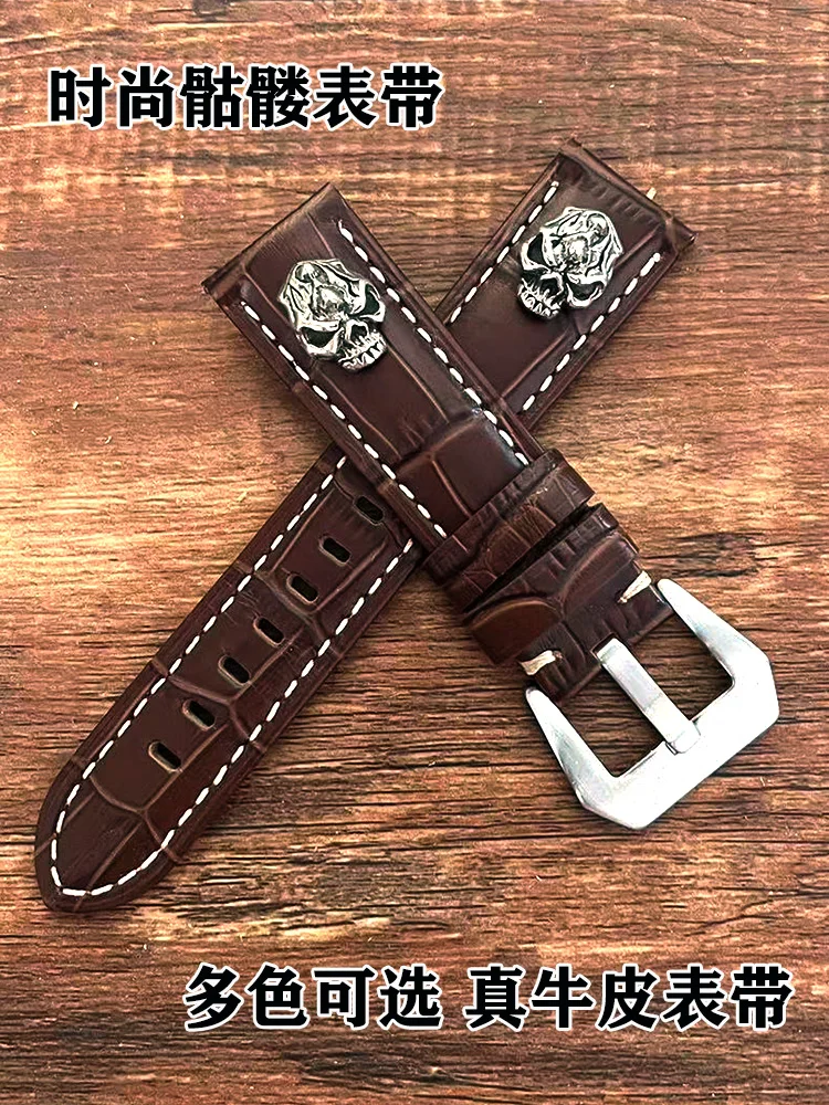 Handmade Punk Genuine Leather Fashion Fashion Cowhide Watchband 20 2224 26mm Skull Watch Band Pin Watch Band
