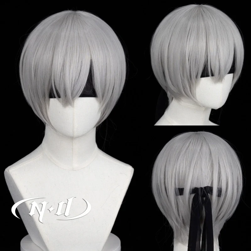 Pelucas de Cosplay de ND YoRHa n. ° 9, tipo S, 9S, NieR Automata, pelo gris corto, peluca de Cosplay para cómic Con Coser, fiesta de Halloween, sintético