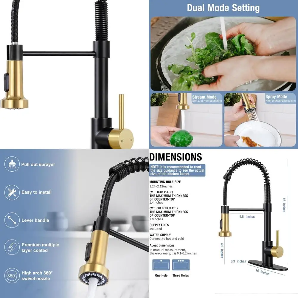 Grifo de cocina con rociador extraíble de alto arco, negro mate y oro cepillado, con resorte, 1 o 3 orificios, para granja, RV y fregadero de recipiente