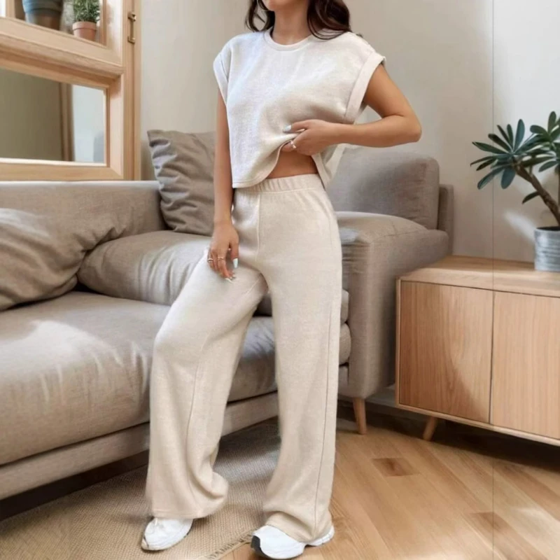 

Pant Sets Two Pieces Women Round Neck Pullover Shirts Short Sleeve Solid Wide Leg Pants Sports Suits Casual Summer 2025