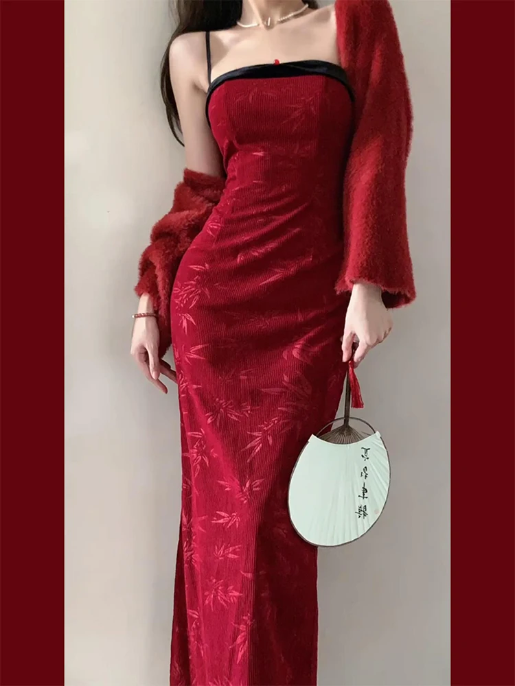 

Plump Girls New Chinese Style Red Corduroy Printing Slip Dress Women's Autumn Retro Temperament Waist-Controlled Sheath