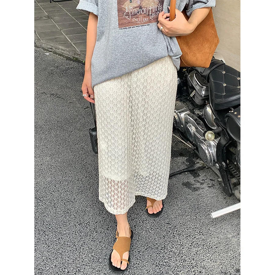 

Yellow Korean Summer New Faion Sweet H-Line Long Straight Lace Hollow Out Skirt with Inner Waist