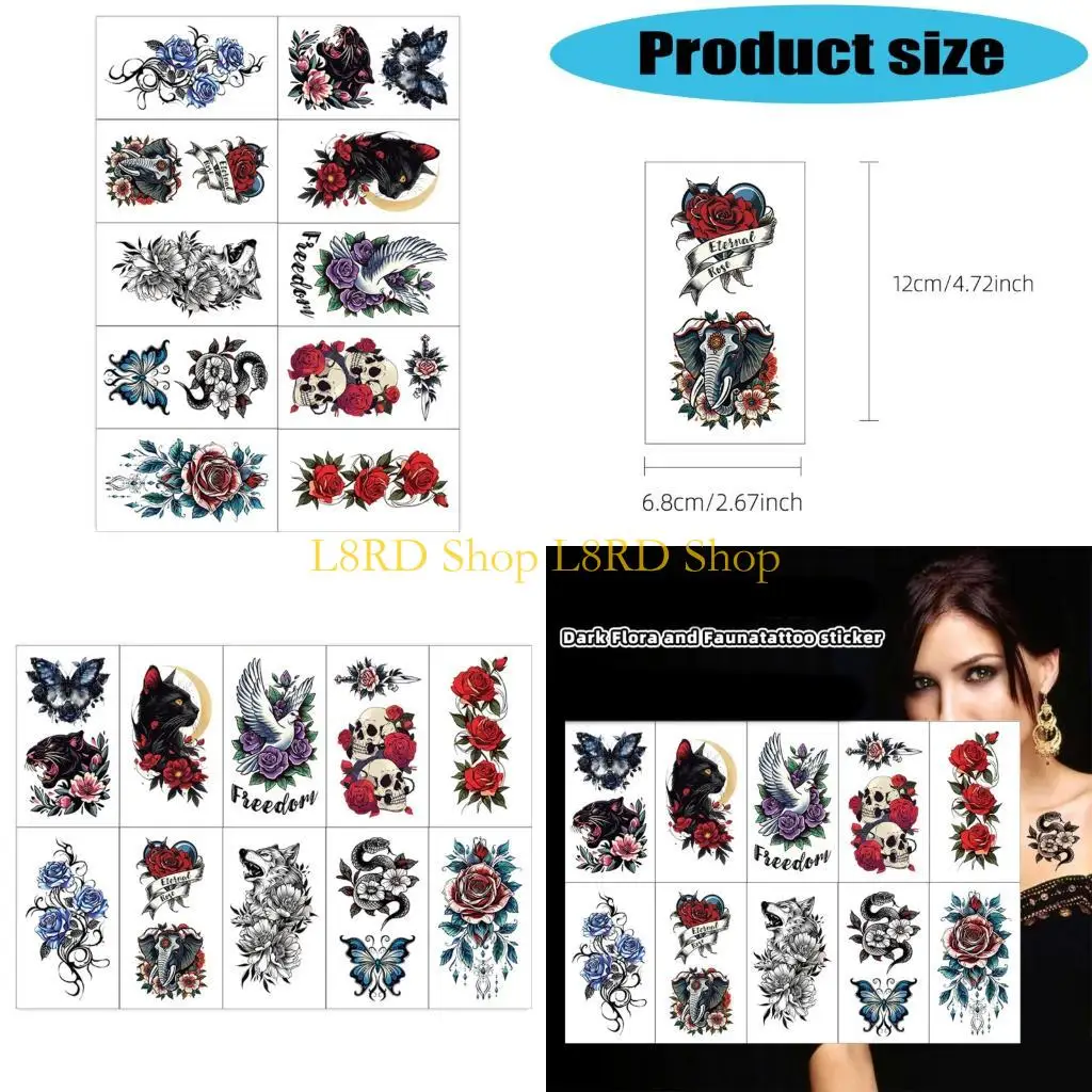 

L8RD Pack of 10 Dark Gothic Temporary Tattooss Skin Decals Waterproof Body Art Stickers