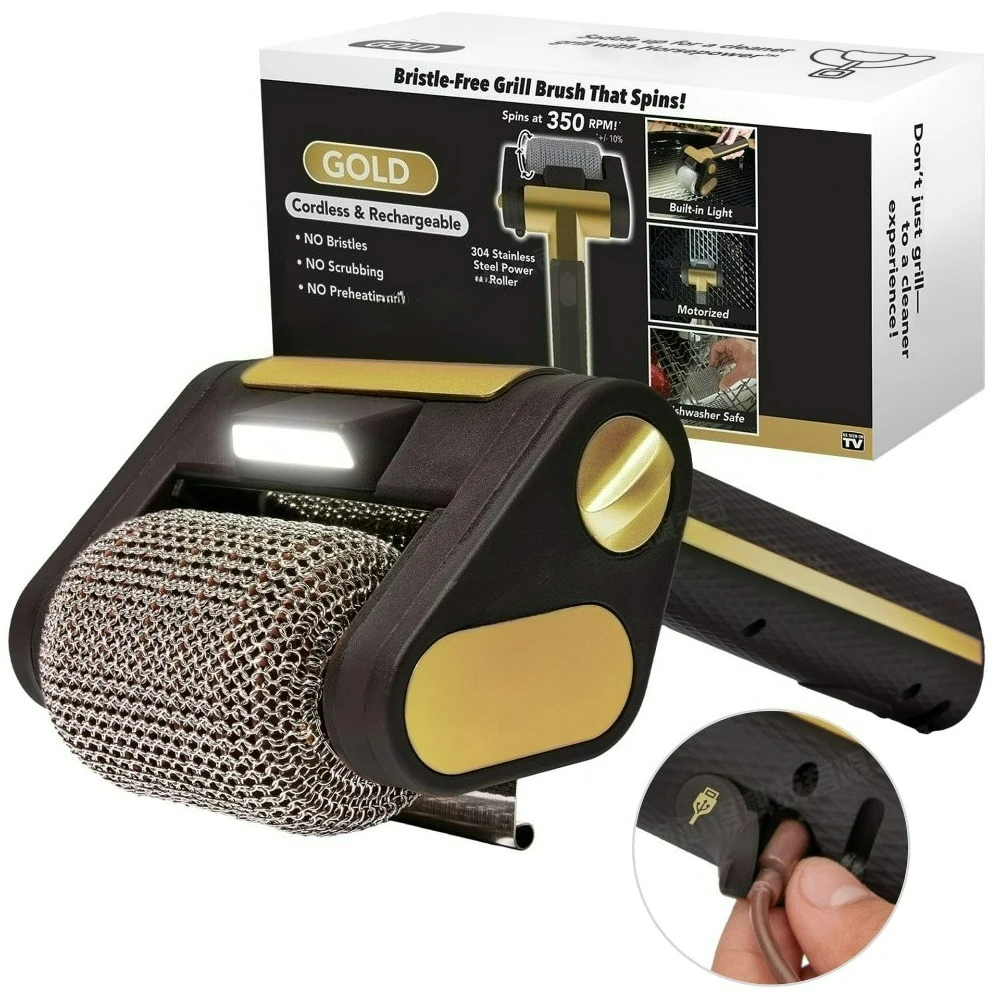 Cepillo Eléctrico para Parrilla Recargable con Luz LED, Cabezales Reemplazables de Acero Inoxidable 304, Limpiador de Parrilla Inalámbrico para Barbacoa
