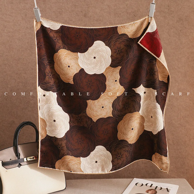 Embossed Line Camellia Square Scarf 30% Mulberry Silk 70% Wool 70cm Dark Brown Base Versatile Neck Travel Wrap Gift for Him Her