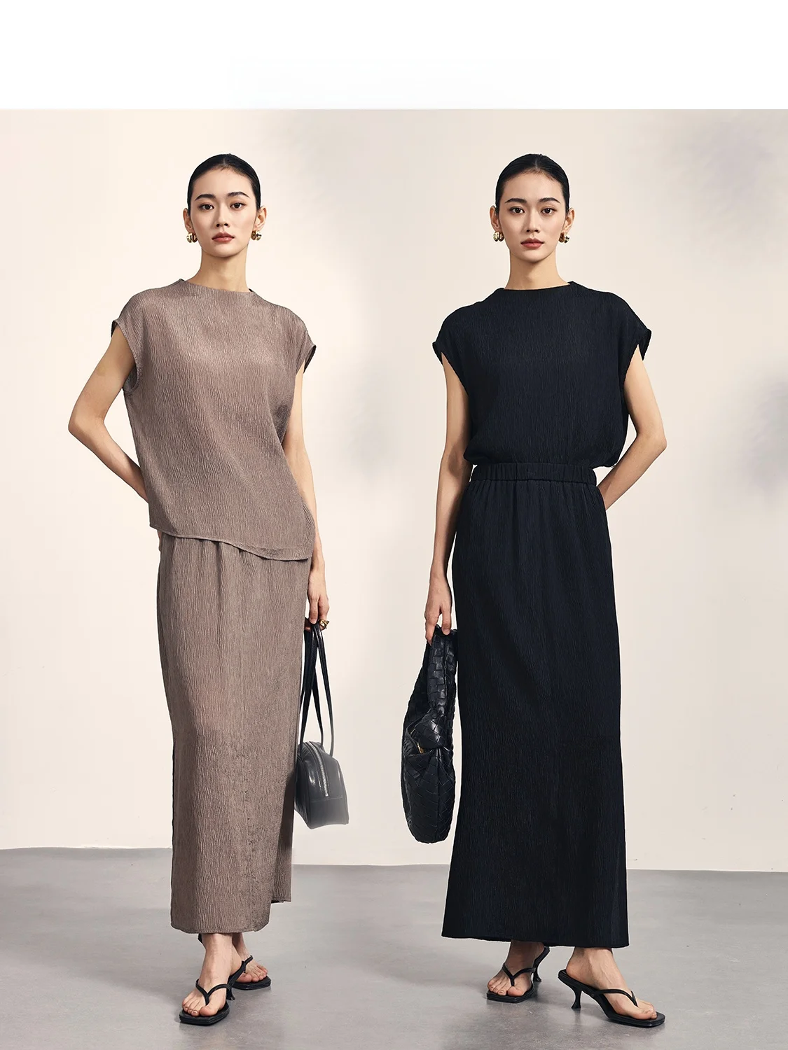 Annibycn Silk Texture Set Women's Summer High-End Short Sleeve Top Half Skirt Two-Piece Set Fashionable Elegant Casual Wear