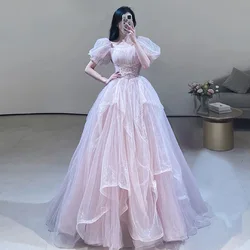 Princess Prom Dresses Off the Shoulder Boat Neck Empire Beading Pearl Puff Sleeve Floor Length Pearl Woman Prom Party Gowns New