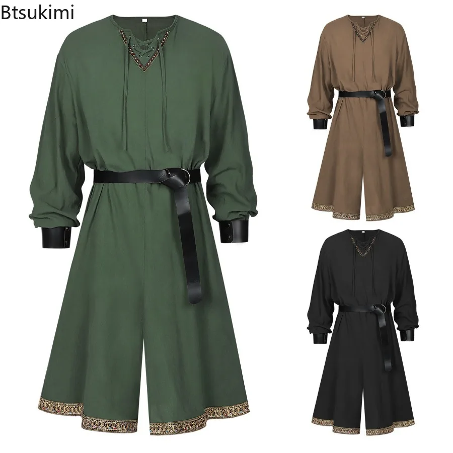 Mittelalterliches Piratenhemd für Herren, Langarm Wikinger-Tunika mit Gürtel und Armschienen, Renaissance Ritter Krieger LARP Halloween-Kostüm