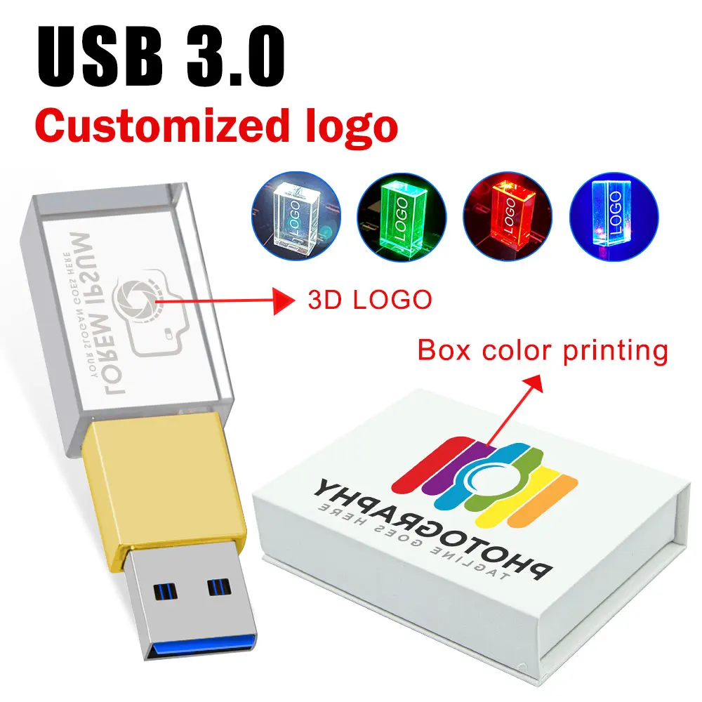 Wedding Photography Gift Box USB 3.0 Flash Drive Free Custom Logo Crystal Pen Drive Color Printing Memory Stick 64GB High Speed