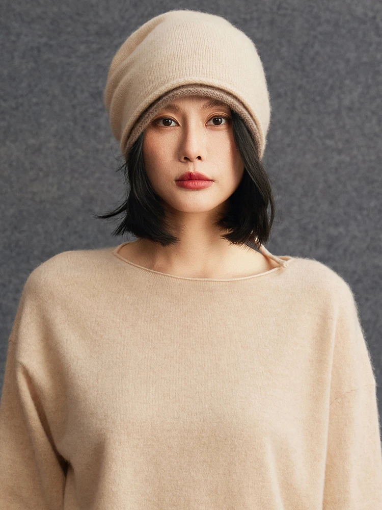 TLOML Women 100% Cashmere Double Edge Design Curled Edges Hat Keep Hat Warm Autumn Winter Soft Thick Cashmere Knitted Comfy Hat
