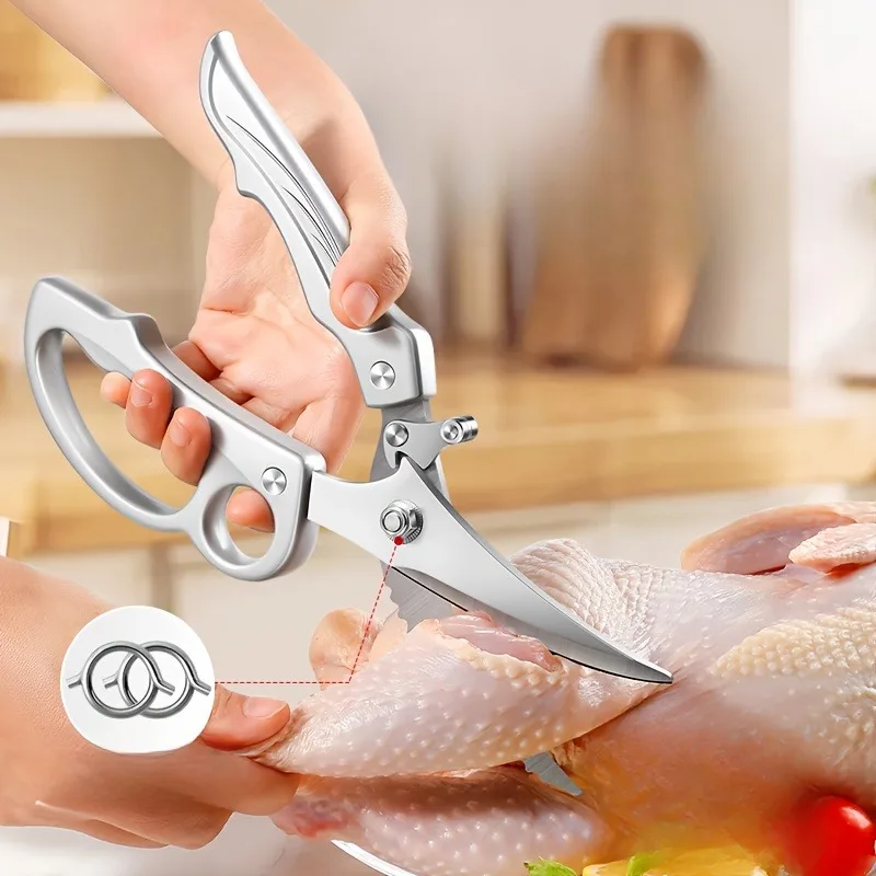 1pc Heavy-Duty Kitchen Shears with Spring-Loaded Ejector & Non-Slip Ergonomic Handle for Chicken Bones, Fish Spines, Hard Shells