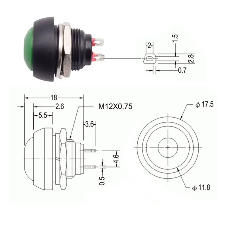 AAAE 10Pcs 2Pin Mini Switch 12Mm 1A Waterproof Switch PBS-33B 12V Momentary Push Button Switch Reset Non-Locking PBS-33B