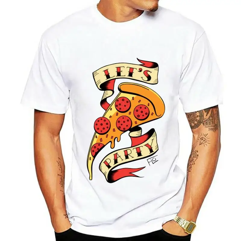 Coupons Discount Men T-Shirt Old School Tattoo Pizza Lets Party Team T Shirt Anti-Pilling 100% Organic Cotton Retro Drawing