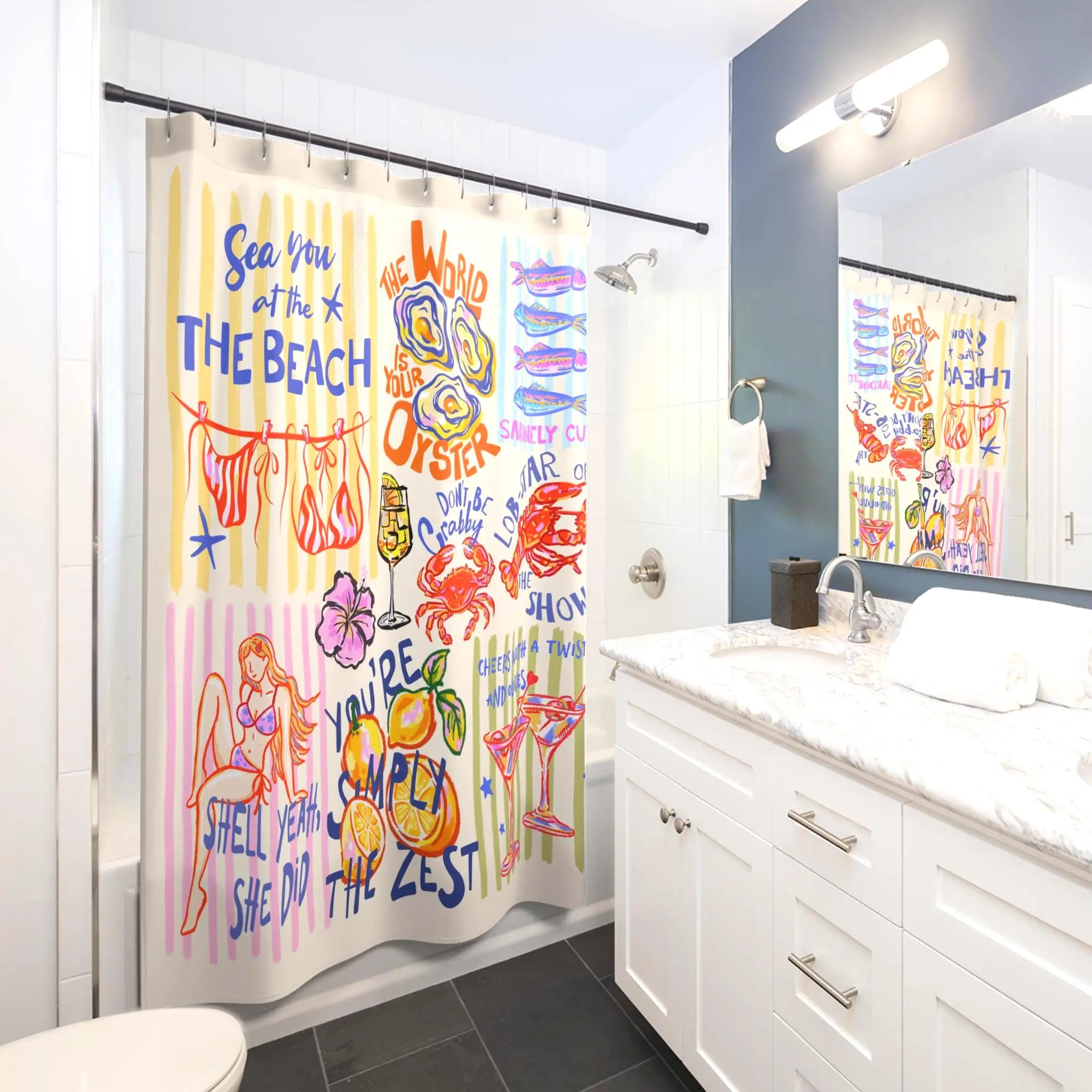 Funny Seafood The Beach Life Ocean Vibes Shower Curtain Kitchen Bathroom Decor Gift for Lovers