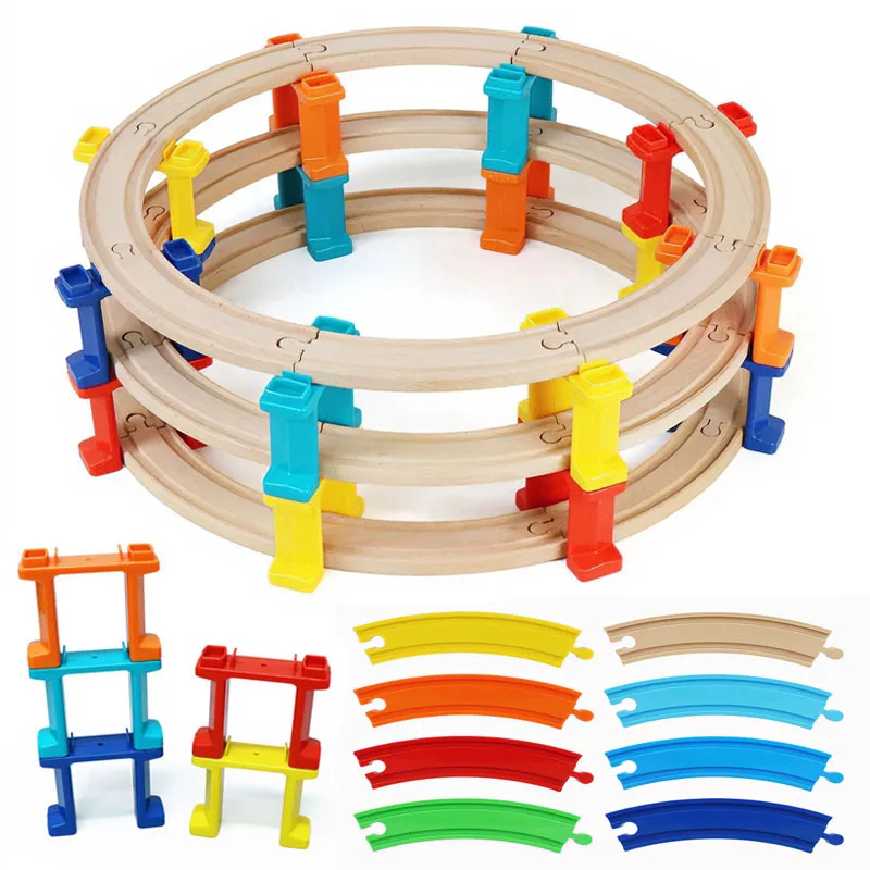 Wooden Train Track Set Spiral Track with Plastic Bridge Piers Accessories fit for All Brand Wooden Railway Track Toys