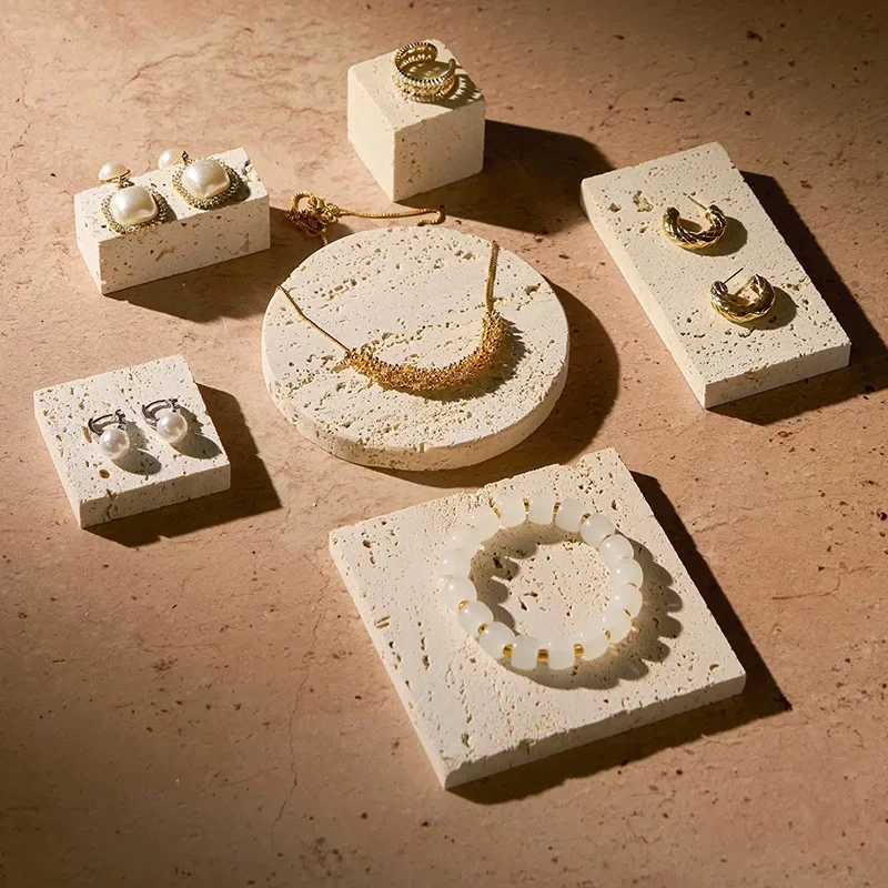【Natural】Natural White Yellow Cave Stone Storage Retro Marble Tray Cave Stone Jewelry Display Props