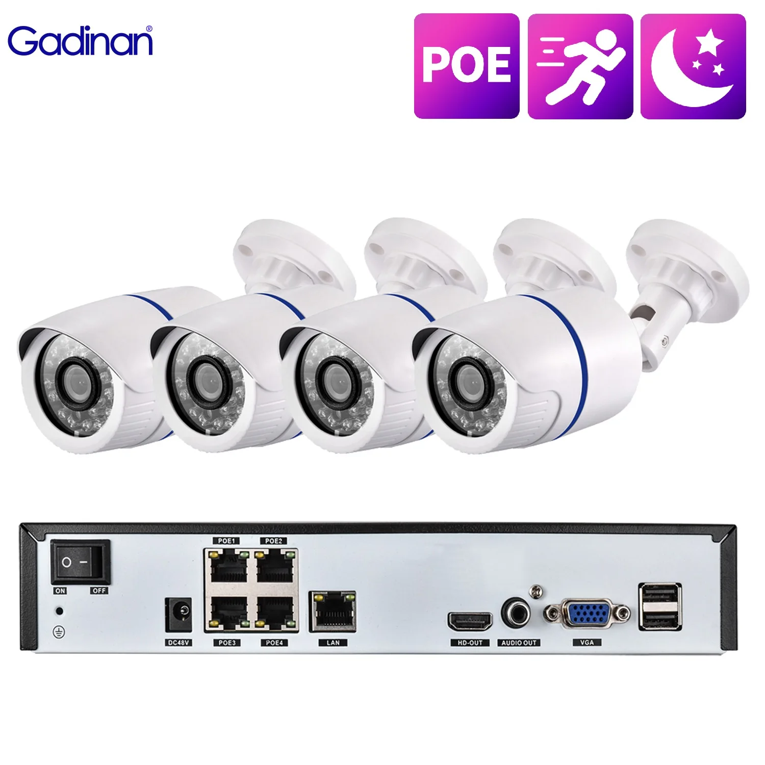 Gadinan POE Durveillance Camera IP Camera 4CH P2P 5MP Outdoor Video Surveillance Kit Motion Detection 48V NVR CCTV System Camera