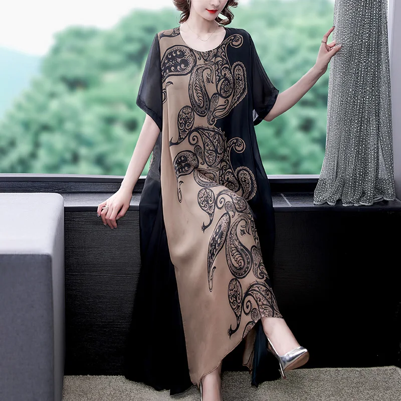 2022 Spring Summer Print 4XL Plus Size Mulberry Silk Dress Women Elegant Bodycon Party Vestidos Boho Vintage Loose Midi Dresses