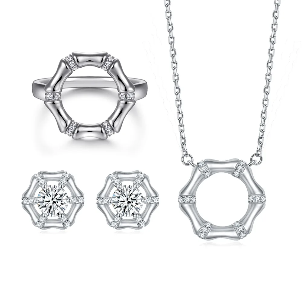 

18K gold PT950 platinum S925 silver 7-layer electroplated gold earrings, fashionable bamboo ring pendant necklace set