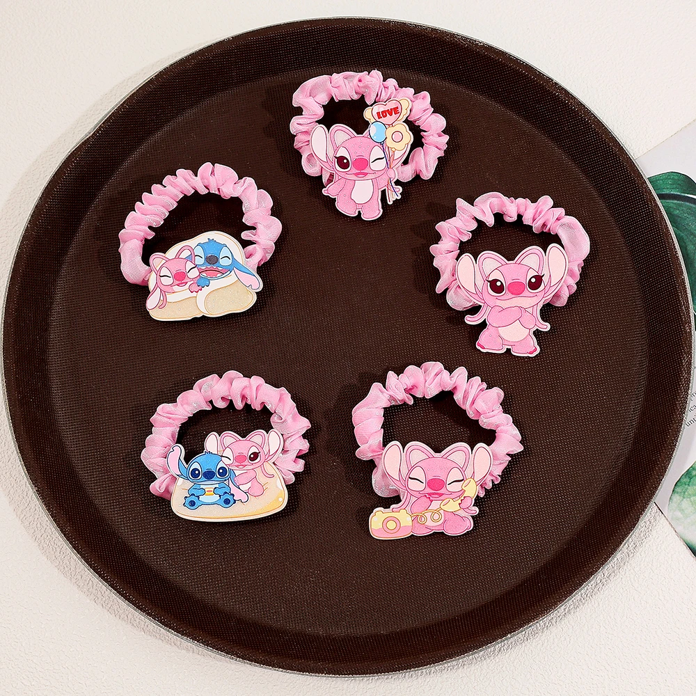 

5PCS Cute Lilo & Stitch Angel Pink Scrunchies, Kawaii Cartoon Character Elastic Hair Ties, Sweet Girl Hair Accessories