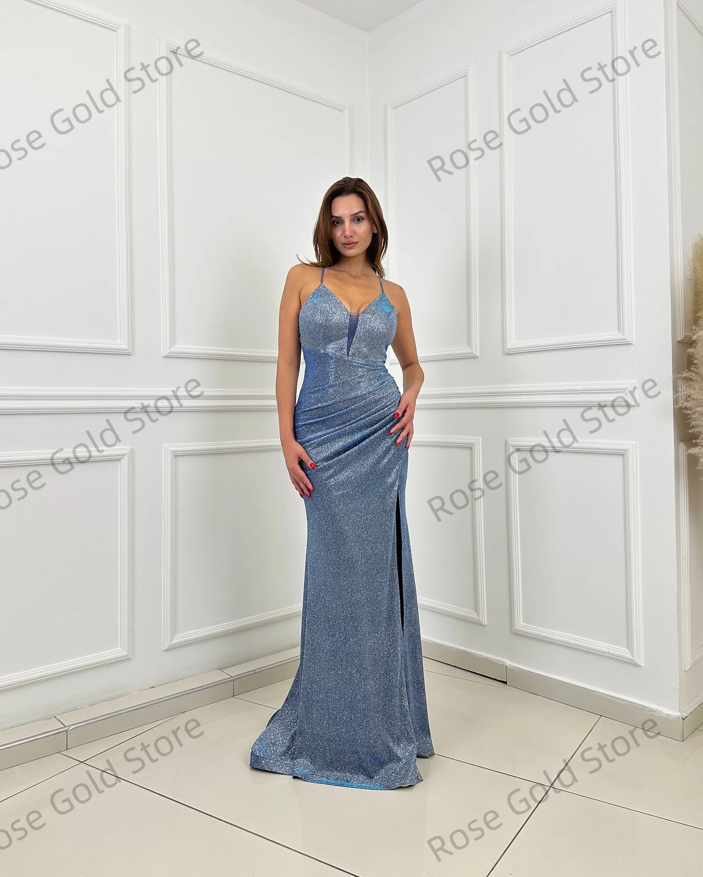 Sexy azul sereia vestidos de noite lantejoulas decote em v alta fenda vestido de gala para casamento personalizado brilhante até o chão robes de soriee