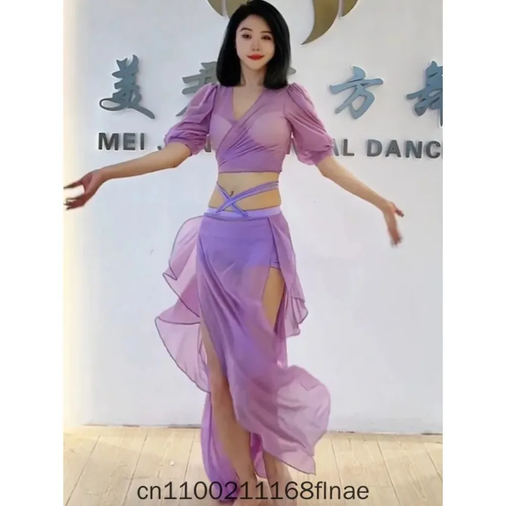 Belly Dance Costume Mesh Lantern Sleeve Lace Top Double Slit Long Skirt Set Women Oriental Dance Novice Practice Stage Performan
