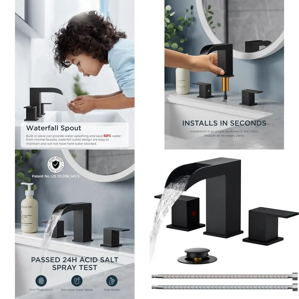 

8 Square Matte Black 3-Hole Bathroom Sink Faucet with Pop-Up Drain and cUPC Lines, Dual Handles for Vanity or Restroom Use