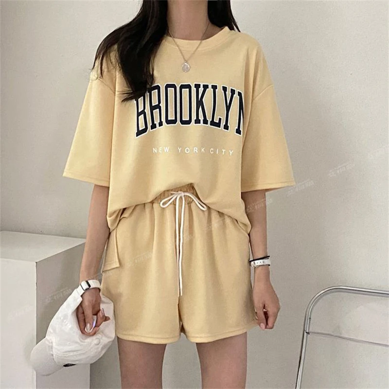 Two Piece Set for Women 2024 Summer Trendy Letter Print Oversized Short Sleeve T-shirt Casual Sports Joggers Beach Shorts Outfit