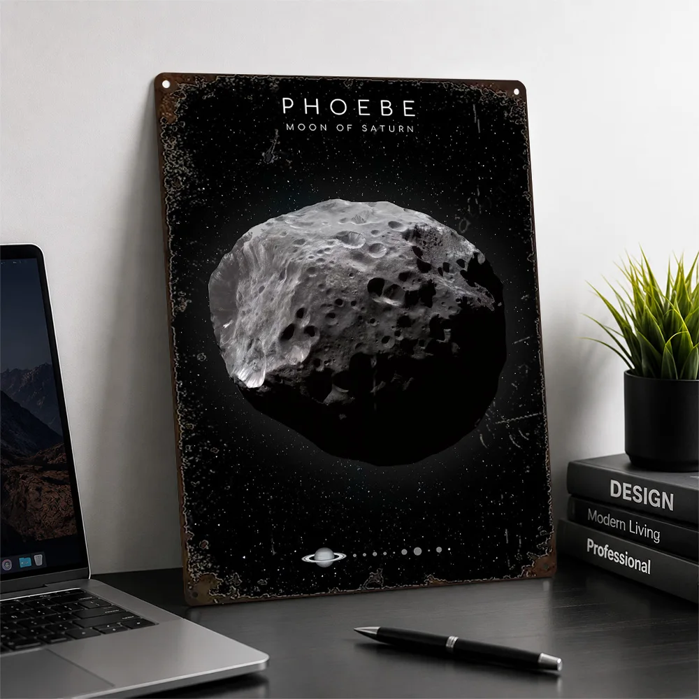 Phoebe Moon Of Saturn Textured Metal Poster Scientific Wall Art For Home Office Personalized Aluminum Sign Astronomy Lover Gift