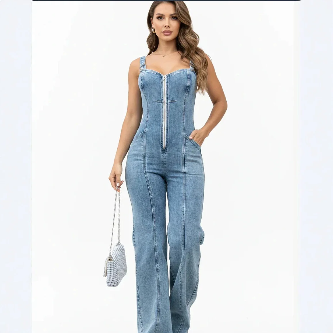 Sleeveless Denim Jumpsuit Sweetheart Neckline Zip Slim Bootcut Pockets, Denim Jumpsuits for Women Spring Summer