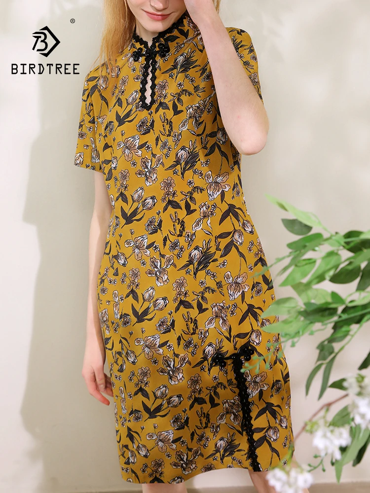 

BirdTree 100%Real Silk Elegant Dress, Women Short Sleeve Flower Printed, Retro Cheongsam OL Dresses, 2024 Summer Fall D467108QC