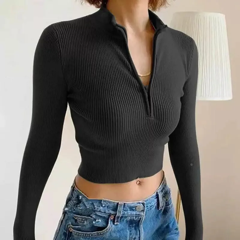 

Spicy Women's Slim Fit T-shirt Top with Zipper Navel Detail Street Style Long Sleeve Shirt for Ladies Resistant to Deformation