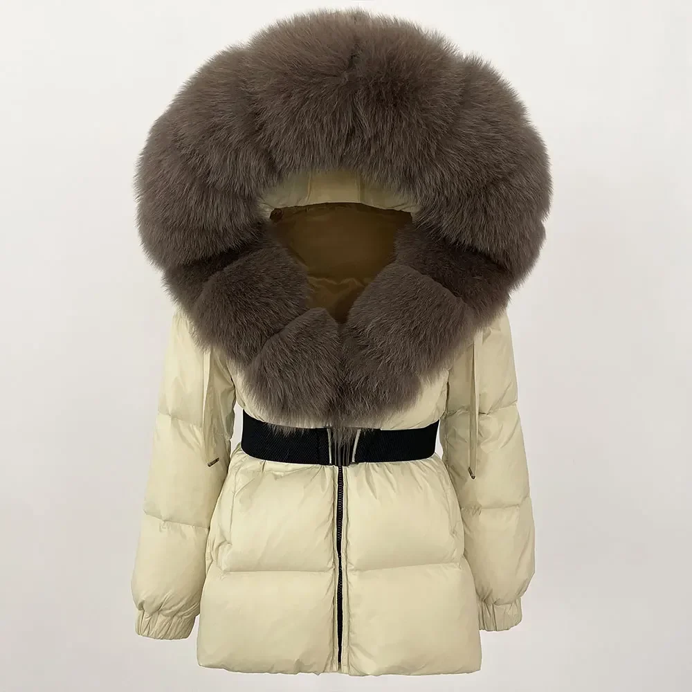 MENINA 2024 Giacca Invernale Donna Vera Pelliccia di Volpe Naturale Collo Con Cappuccio di Spessore Caldo 90% Piumino D'anatra Bianca Cappotto Femminile Streetwear Casual