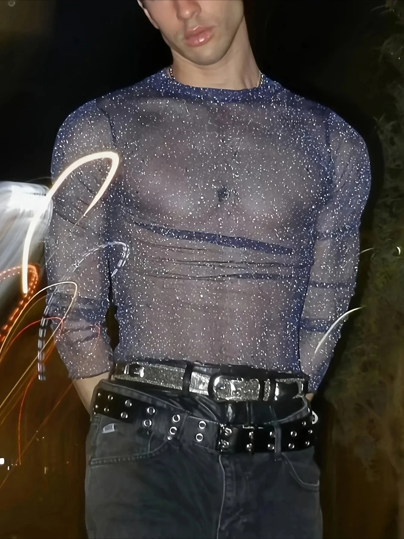 Fashion Men's Nightclub Sexy See Through T-shirt O-neck Long Sleeve Shinny Mesh Tops New Transparent Bottoming Tees for Men