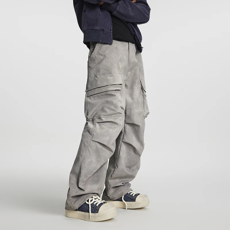 

Men Women Streetwear Fashion Hip Hop Casual Loose Straight Multi Pocket Dirty Gray Cargo Pants Cityboy Trousers
