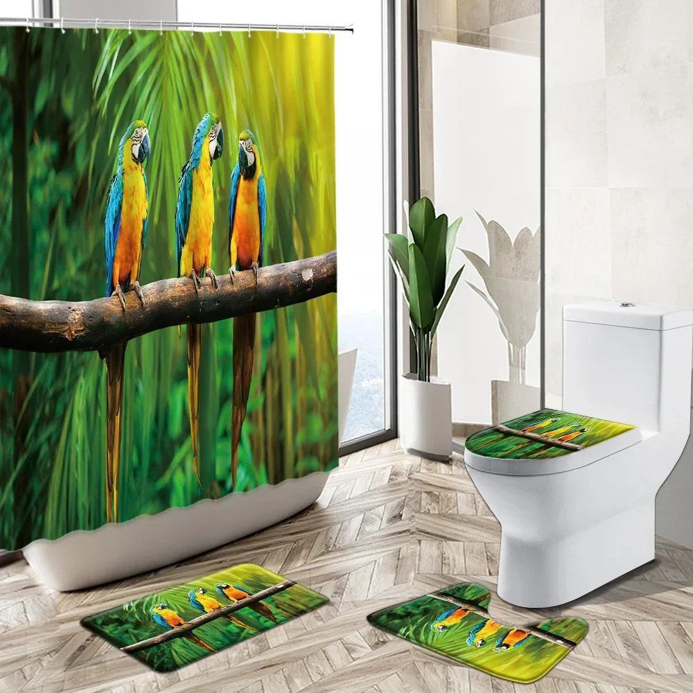 Tropical Forest Waterfall Landscape Shower Curtain Parrot Bird Leopard Wildlife Print Bath Mat Toilet Lid Cover Bathroom Carpet