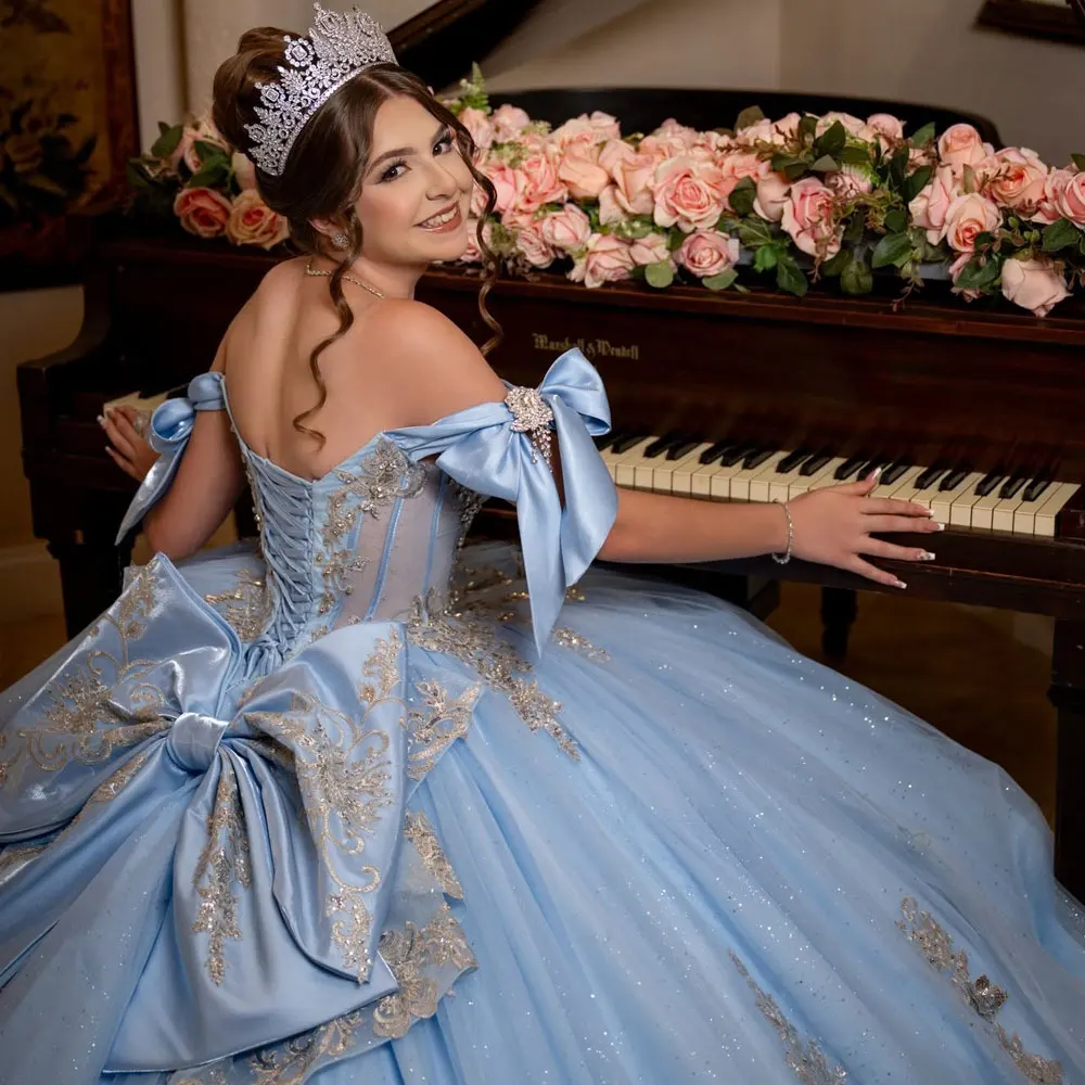 Customized Blue Quinceanera Dresses 2026 Princess Applique Vestidos De 15 Ball Gown Beaded Gold Applique Crystals 16 Birthday