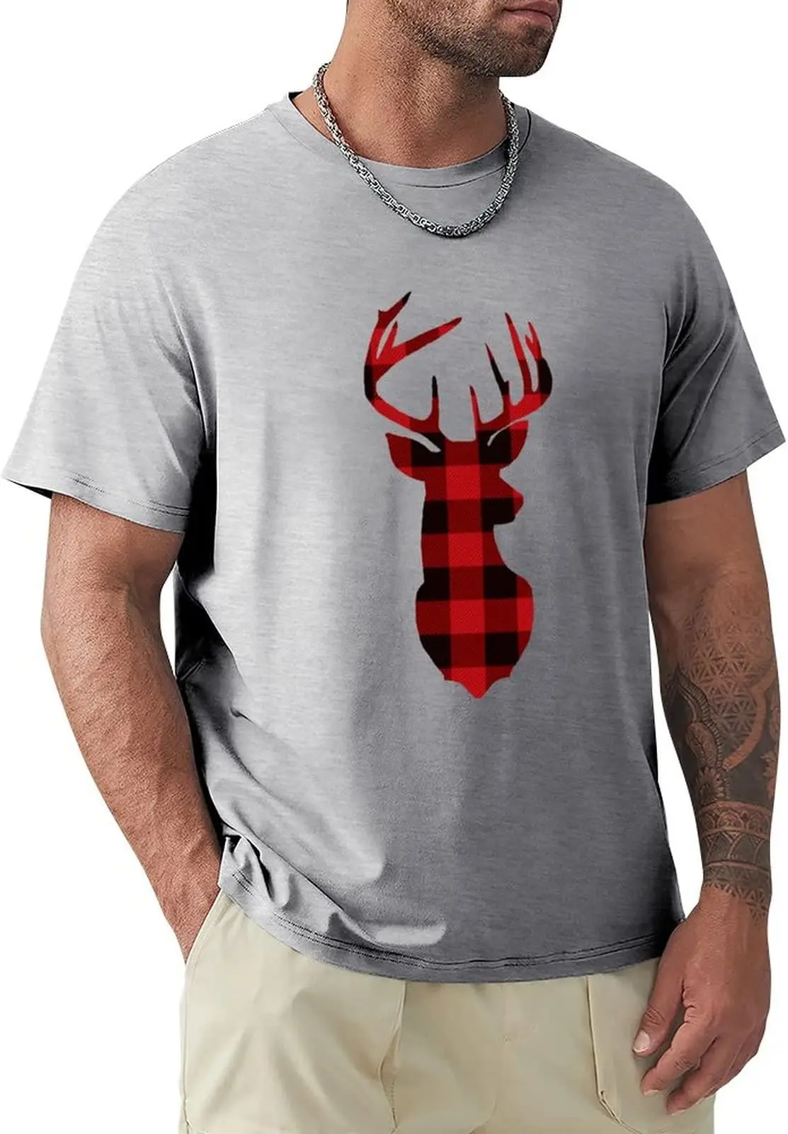 Buffalo Plaid Deer Short Sleeve Crewneck Tees High Quality 100%Cotton Short Sleeve