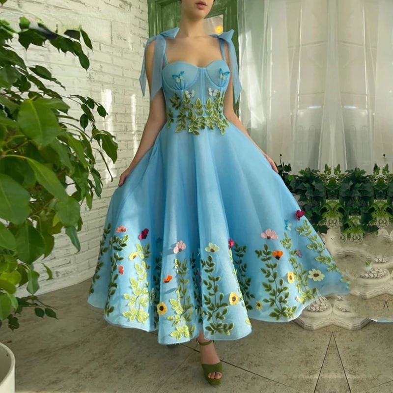 

Girl Prom Dresses Blue Spaghetti Strap A-Line Appliques Flowers Spring Wedding Party Dress Custom Made 2022