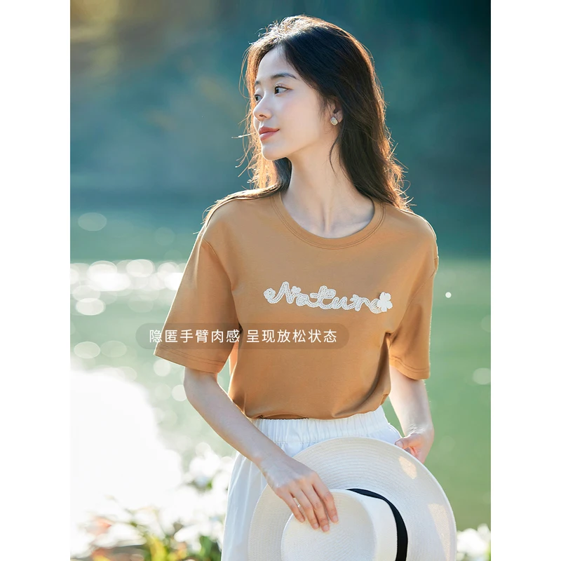 INMAN Women T-shirt 2023 Summer Short Sleeve O Neck Loose Tees Embroidery Fashionable Commuting Versatility Apricot Brown Tops