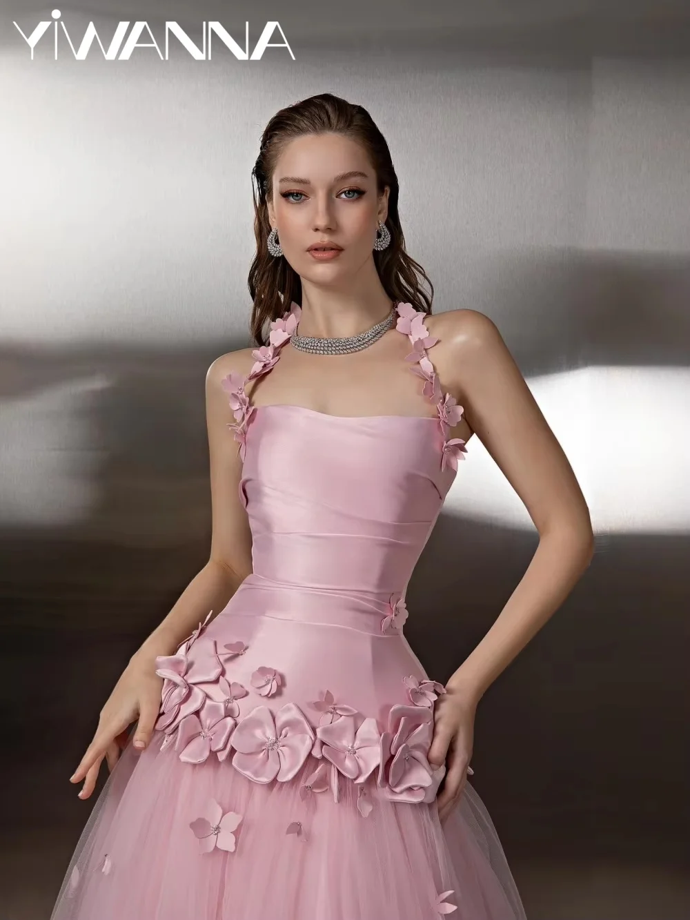 

Handmade 3D Floral Evening Dress Chic Halter A-line Tulle Wedding Party Gown Customized Pink Elegant Floor-length Banquet Gowns
