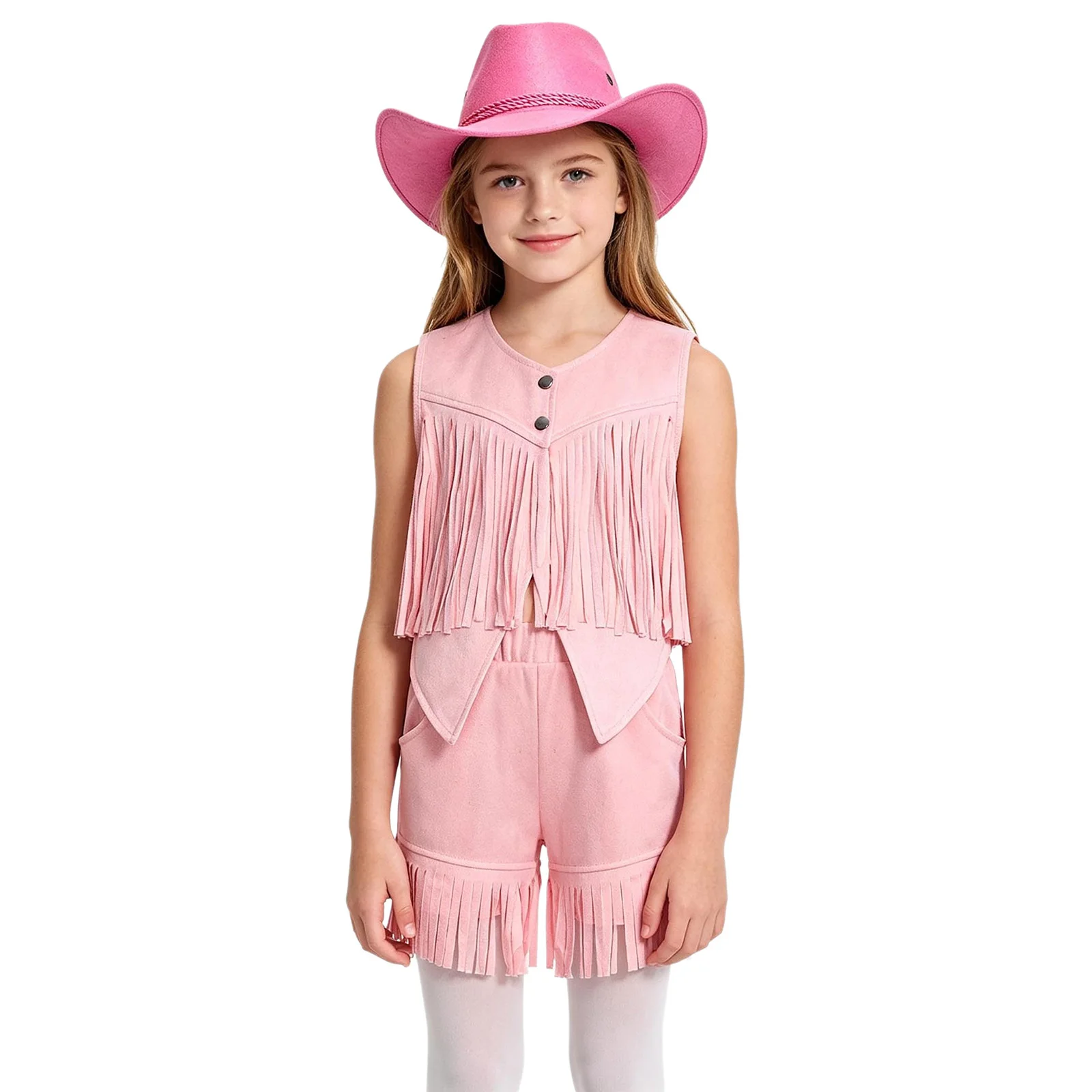 Children Faux Suede Cowgirl Outfits Kids Girls Boys Western Cowboy Costume Sleeveless Fringe Vest Shorts for Halloween Party