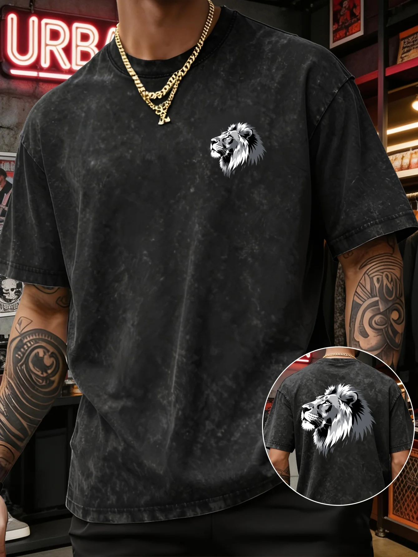 Men's Heavyweight Washed T-shirt Realistic Lion Portrait Print Vintage Acid Wash Streetwear Hip Hop Cotton Casual Summer S-3XL