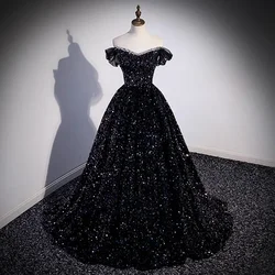 Customized Luxury Colourful Black Sequins Prom Dresses Princess Off The Shoulder Corset Formal Evening Gowns Night Party Vestido