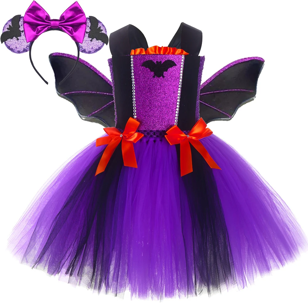 

Vampire Bat Halloween Costumes for Girls Witch Tutu Dress for Kids Carnival Party Outfit Children Fancy Dresses with Wings 1-14Y