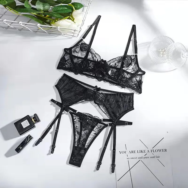 3 Pieces Sexy Lingerie Sets for Women Lace Bra and Panty Set with Garter Perspective Sex Erotic Costumes Sheer Mesh Underwear - Image 6