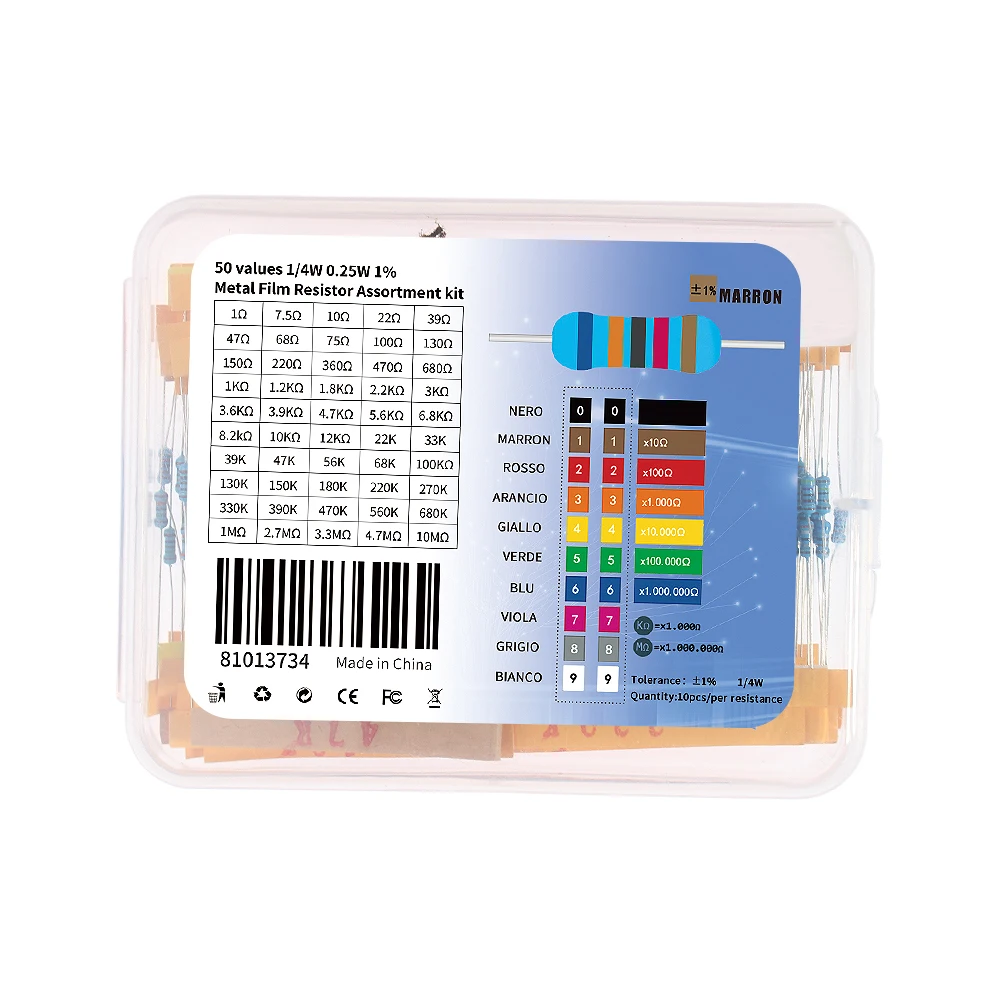 Kit Assorted Metal Film Resistor, Componentes eletrônicos Box, Circuito Design e Prototipagem, 50 Valores, 1R a 10m ohm, 1 4W, 500Pcs